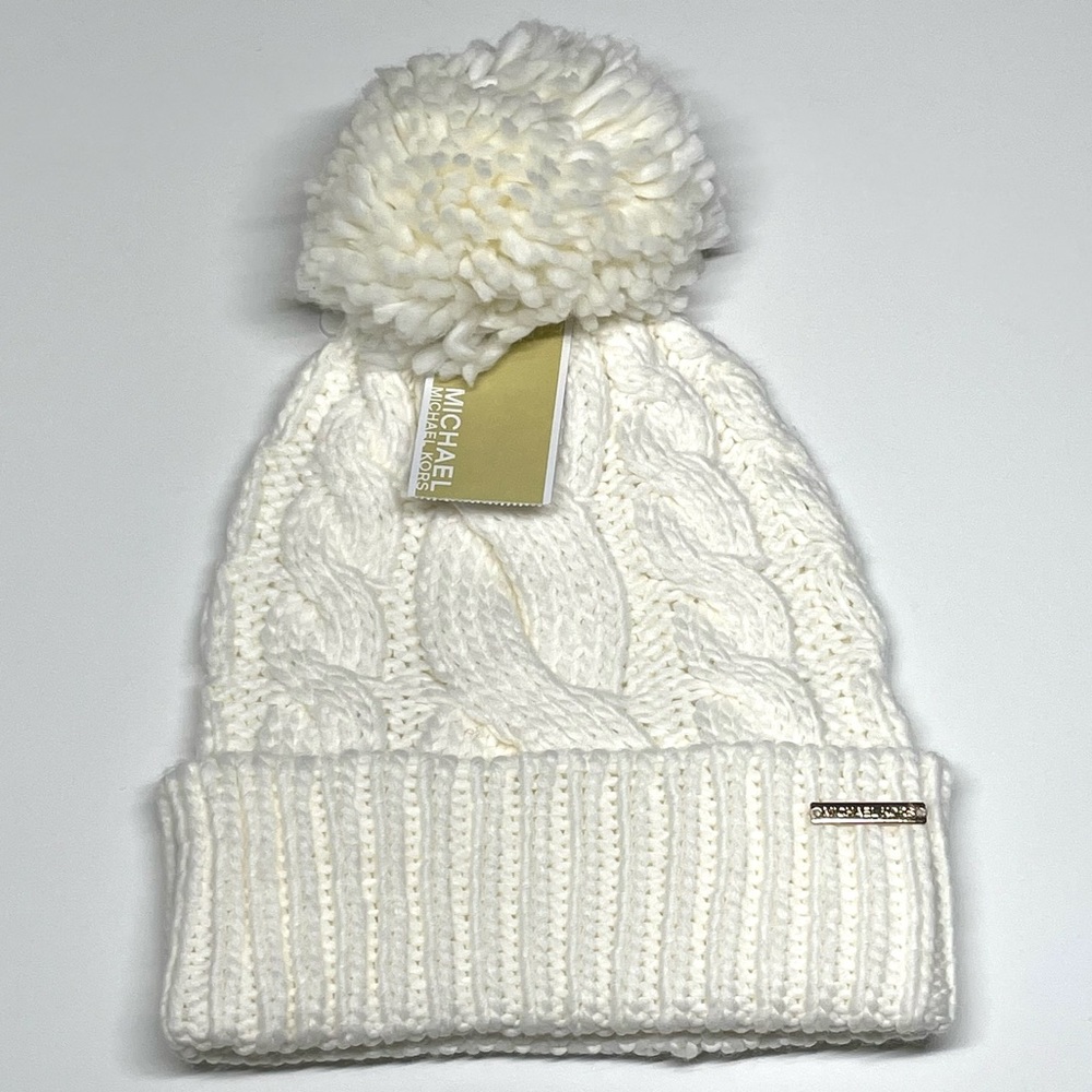 Michael Michael Kors Womens Super Cable Knit Pom Beanie Hat Cuff 539109C 151 NWT